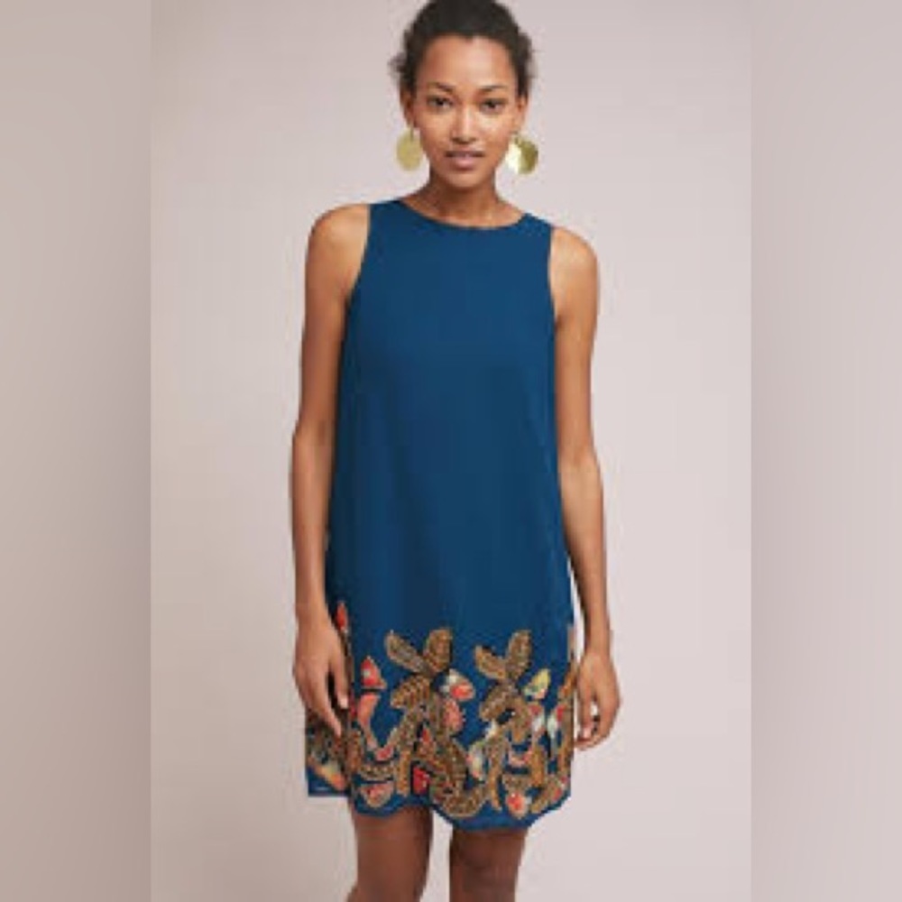 Womens Anthropologie Bhanuni by Jyoti Blue Floral Rayon Tunic Dress Size Small